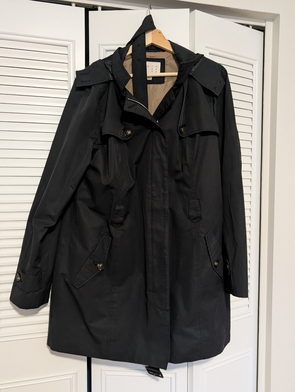 A New Day Women's XXL Black Belted Hooded Trench Coat, Zipper and Hidden Buttons
